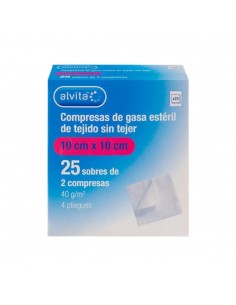 Alvita Compresas Gasa Estéril Tejido sin tejer 10x10 cm 25 sobres de 2 compresas