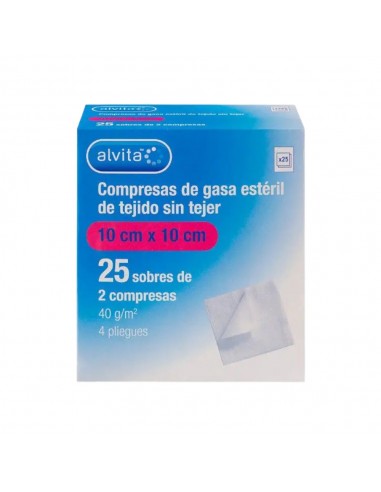 Alvita Compresas Gasa Estéril Tejido sin tejer 10x10 cm 25 sobres de 2 compresas