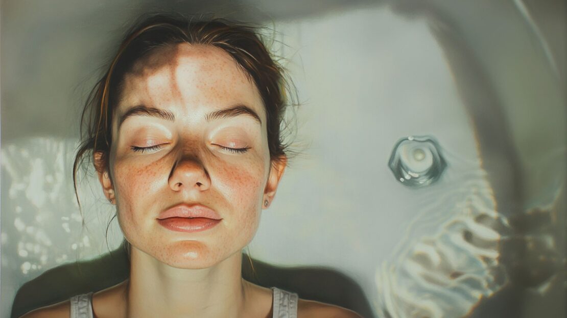 La imagen muestra el rostro de una mujer con la piel clara y pecas, flotando con los ojos cerrados en agua clara, posiblemente en una bañera. Su expresión es serena, como si estuviera relajada o meditando. La luz suave que entra parece reflejarse en el agua, creando patrones delicados sobre la superficie y sobre su piel. La textura del agua y el suave reflejo de la luz le dan un tono calmante y etéreo a la imagen.
