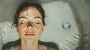 La imagen muestra el rostro de una mujer con la piel clara y pecas, flotando con los ojos cerrados en agua clara, posiblemente en una bañera. Su expresión es serena, como si estuviera relajada o meditando. La luz suave que entra parece reflejarse en el agua, creando patrones delicados sobre la superficie y sobre su piel. La textura del agua y el suave reflejo de la luz le dan un tono calmante y etéreo a la imagen.